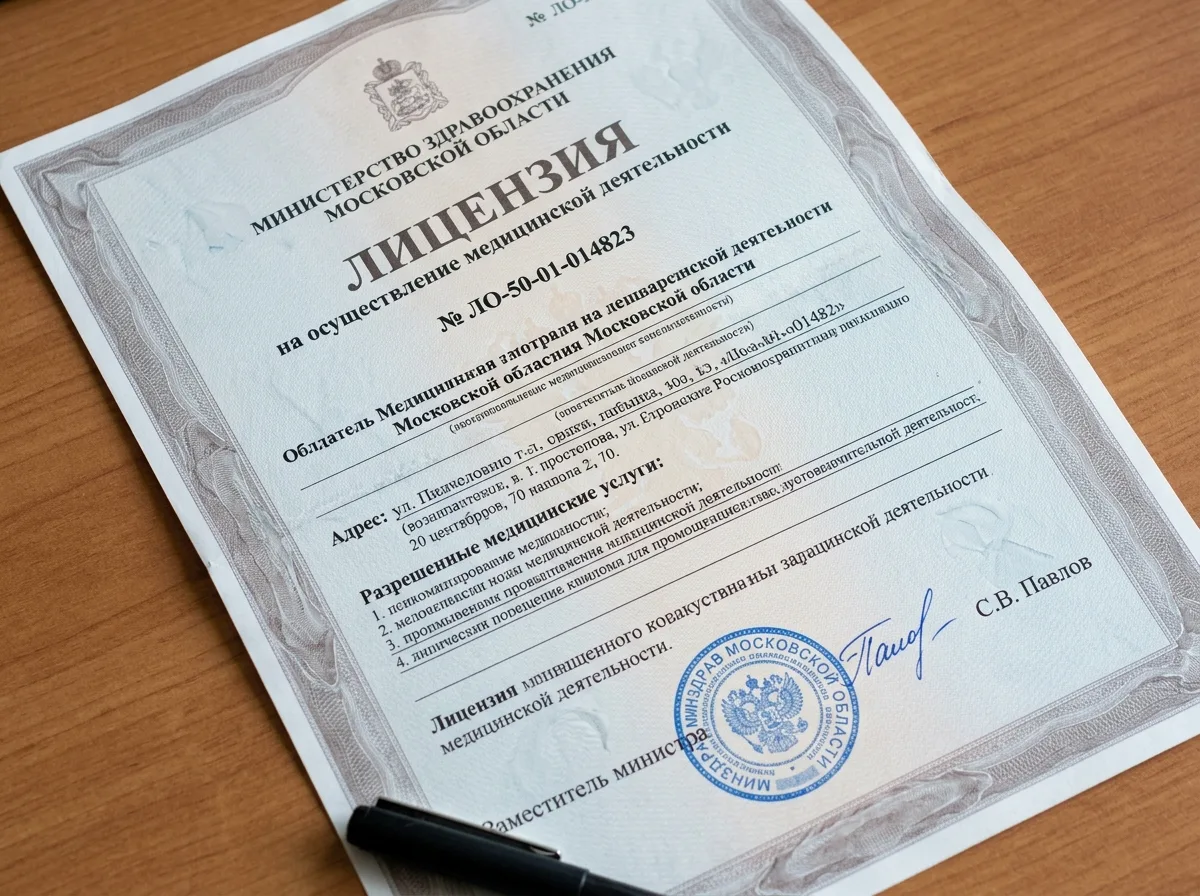 Лицензия на медицинскую деятельность № ЛО-50-01-014823, Минздрав Московской области, печать и подпись, официальный документ