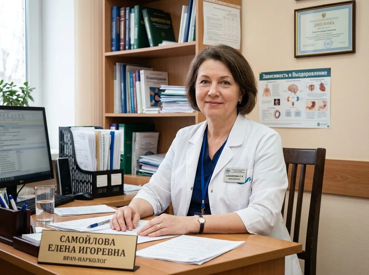 Врач-нарколог Самойлова Елена Игоревна, портрет в медицинском кабинете, опытный специалист